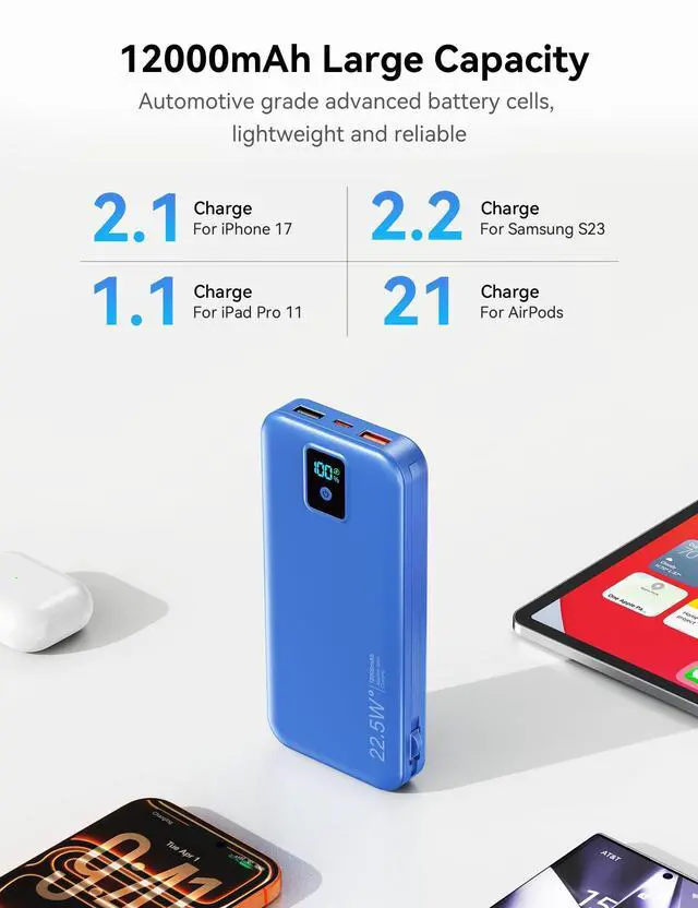 Alt view image 12 of 14 - Portable Charger, 12000mAh 22.5W Fast Charging Power Bank with Built-in Cables & Wall Plug, Travel Essentials Battery Pack with LED Display, USB C External Battery Bank for iPhone iPad, Samsung Navy