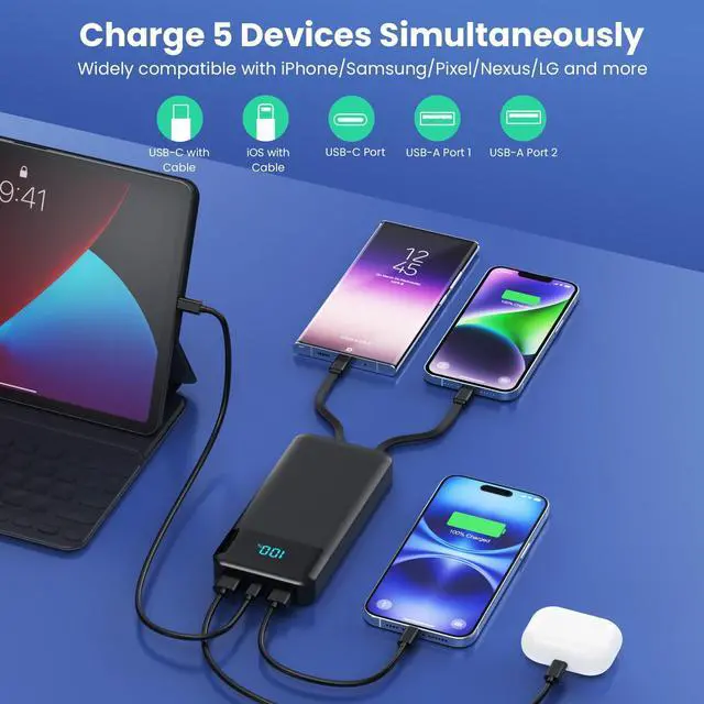 Alt view image 10 of 14 - Portable Charger Power Bank 40800mAh with 3 Built-in Cables,25W Fast Phone Charging Portable Battery Pack,5 Outputs Travel Essentials Outdoor External Battery for iPhone 17/16,Galaxy Android etc-Black