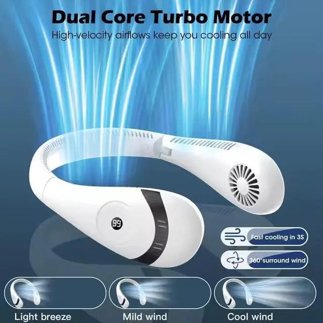 Alt view image 12 of 14 - Neck Cooling Fan Foldable Bladeless 5000mAh Portable Neck Air Conditioner with LED Display, Quiet 3Speed USBC Rechargeable HandsFree Fan Around Neck White