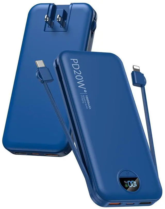 Alt view image 8 of 14 - Portable Charger Power Bank, 10000mAh PD20W USB C Fast Charging with Built-in Cables & Wall Plug, 5-in-1 External Battery Pack with LED Display, Perfect Backup for iPhone, iPad, Samsung Navy