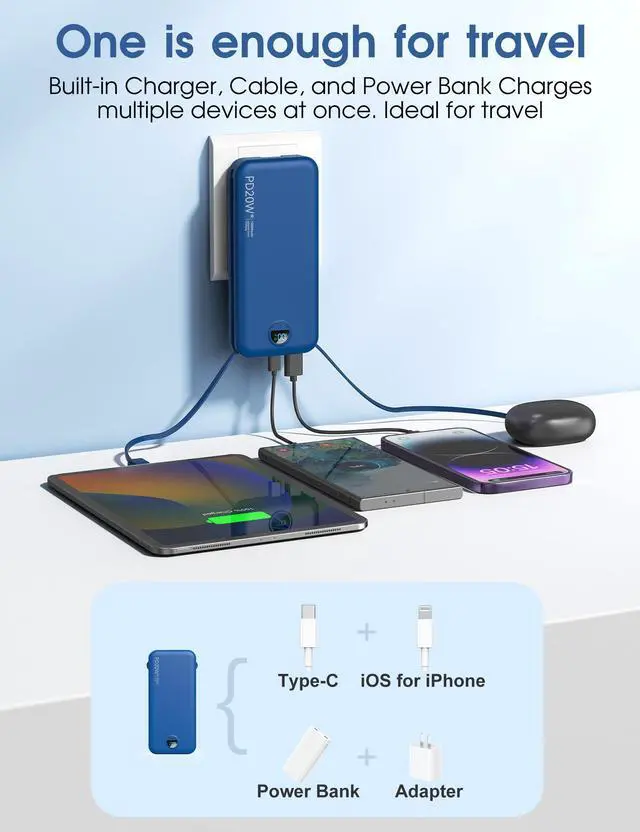 Alt view image 11 of 14 - Portable Charger Power Bank, 10000mAh PD20W USB C Fast Charging with Built-in Cables & Wall Plug, 5-in-1 External Battery Pack with LED Display, Perfect Backup for iPhone, iPad, Samsung Navy