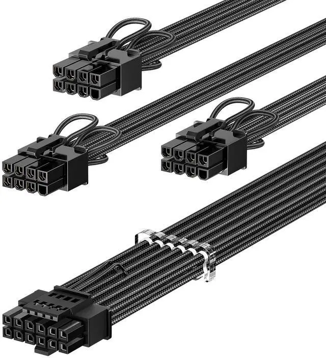 Alt view image 7 of 12 - 600W PCIe 5.0 GPU Power Cable Sleeved 70cm 16pin (12+4) 12VHPWR Connector for RTX 3090Ti 4080 4090 5080 5070 5070Ti 3x8pin (6+2) PCI-e Male Plug for ASUS EVGA Seasonic Modular PSU (Black)