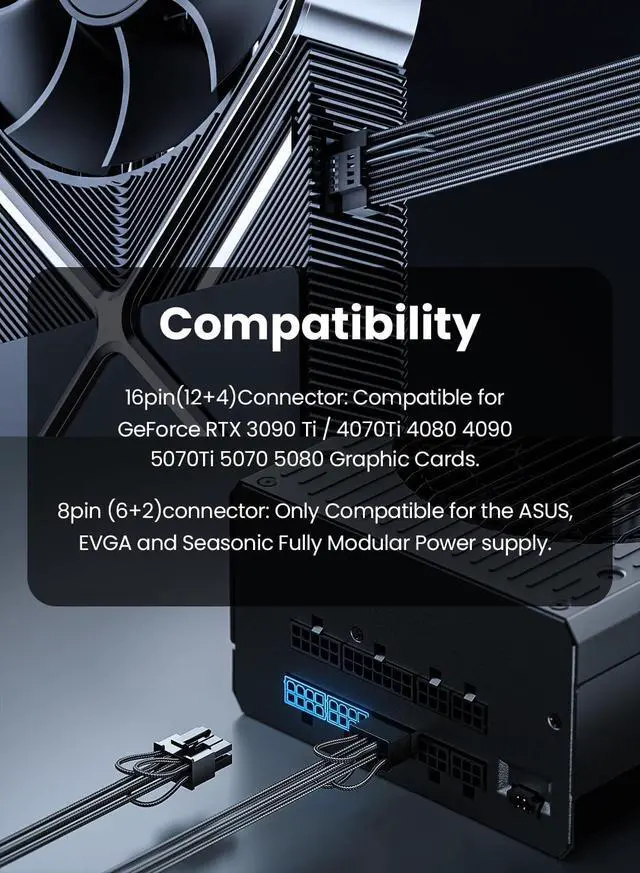 Alt view image 12 of 12 - 600W PCIe 5.0 GPU Power Cable Sleeved 70cm 16pin (12+4) 12VHPWR Connector for RTX 3090Ti 4080 4090 5080 5070 5070Ti 3x8pin (6+2) PCI-e Male Plug for ASUS EVGA Seasonic Modular PSU (Black)