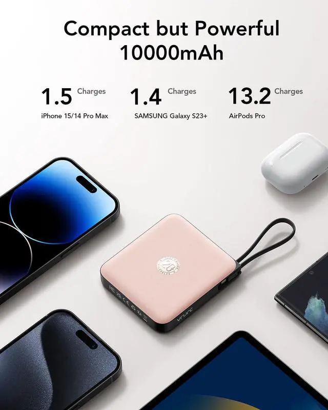 Alt view image 13 of 14 - Portable Charger for iPhone Built-in Cables, 22.5W USB C Fast Charging 10000mAh Pocket Power Bank, Battery Pack for iPhone 17 16 & Samsung Galaxy S26 S25 etc Android, Pink(1 Pack)