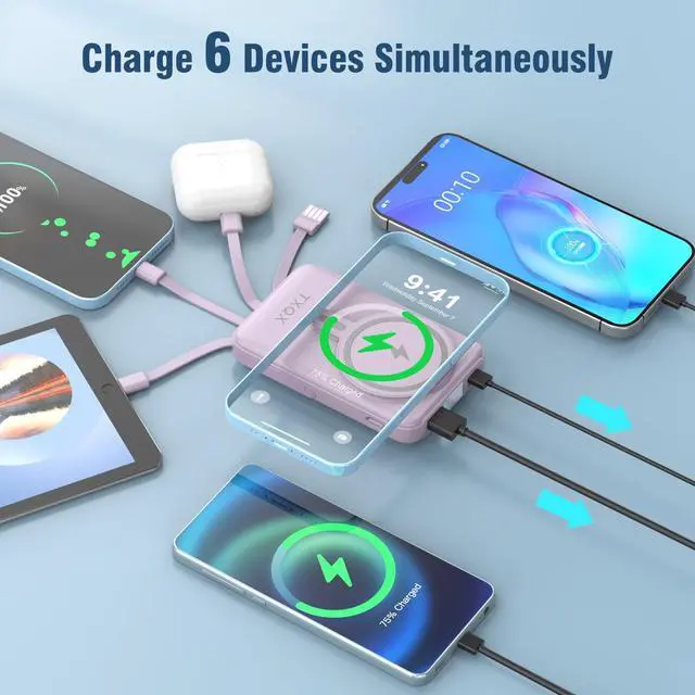 Alt view image 12 of 14 - Wireless Portable Charger 10000mAh,Magnetic Power Bank with Built-in Cables LED Display,22.5W PD Fast Charging for Magsafe Battery Pack Compatible with iPhone16/15/14/13/12/Pro/Pro Max(Purple)