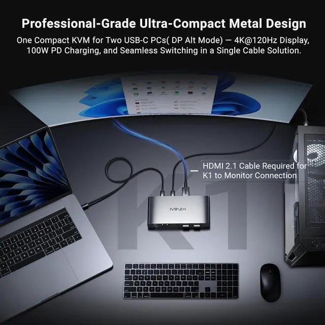 Alt view image 13 of 14 - K1 USB C KVM Switch 1 Monitors 2 Computers, 4K@120Hz HDR, 100W PD 3.0, Dual USB-C Input KVM Switches, Share Keyboard & Mouse, Aluminum Design, Compatible with Windows, Mac, Linux, Android