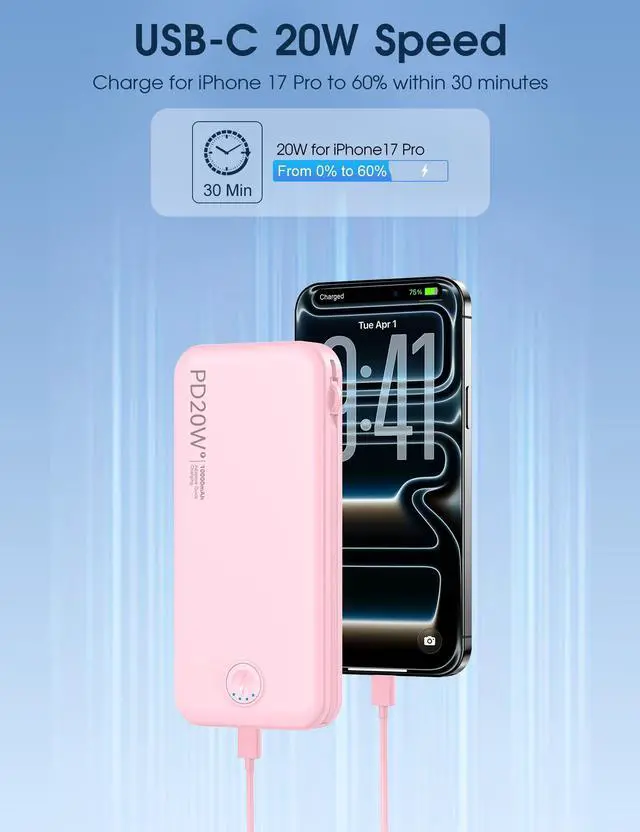 Alt view image 11 of 14 - Portable Charger, 10000mAh PD20W Fast Charging Power Bank with Built-in Cables & Wall Plug, Travel Essentials External Battery Pack, USB C Battery Phone Charger for iPhone, iPad, Samsung Pink