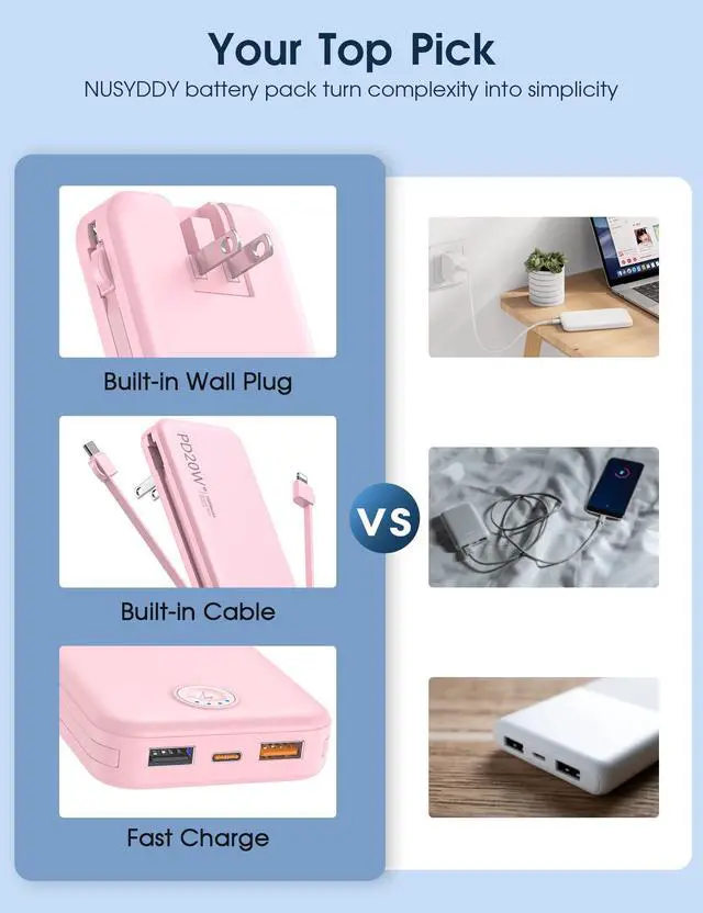 Alt view image 9 of 14 - Portable Charger, 10000mAh PD20W Fast Charging Power Bank with Built-in Cables & Wall Plug, Travel Essentials External Battery Pack, USB C Battery Phone Charger for iPhone, iPad, Samsung Pink