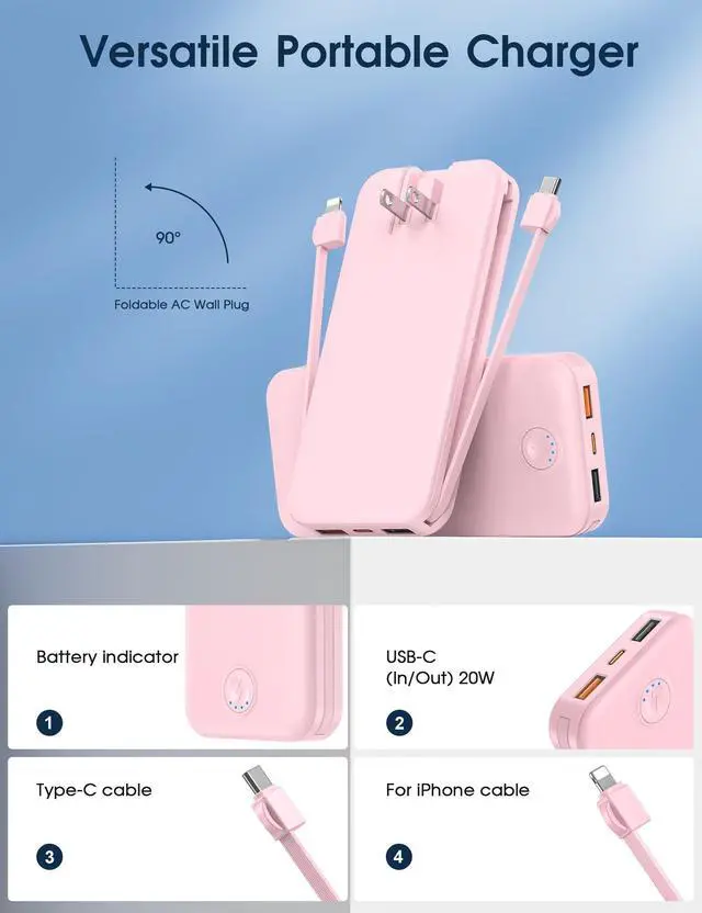 Alt view image 10 of 14 - Portable Charger, 10000mAh PD20W Fast Charging Power Bank with Built-in Cables & Wall Plug, Travel Essentials External Battery Pack, USB C Battery Phone Charger for iPhone, iPad, Samsung Pink