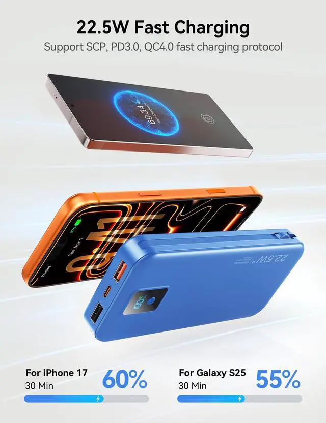 Alt view image 11 of 14 - Portable Charger, 12000mAh 22.5W Fast Charging Power Bank with Built-in Cables & Wall Plug, Travel Essentials Battery Pack with LED Display, USB C External Battery Bank for iPhone iPad, Samsung Navy