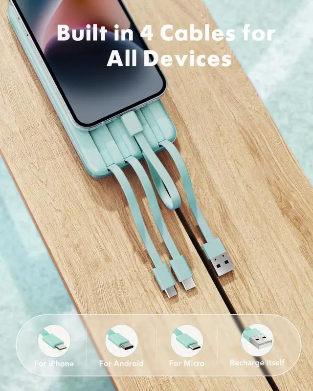 Alt view image 9 of 14 - Portable Charger with Built in Cables, Power Bank with Cords Wires, Slim 10000mAh Travel Battery Pack 6 Outputs 3 Inputs 5A Fast Charging for Samsung Google Pixel LG Moto iPhone iPad