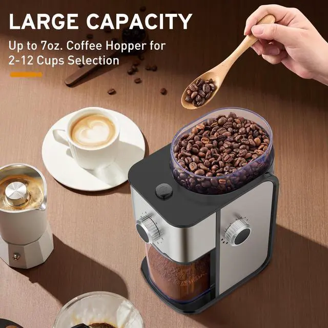Alt view image 14 of 14 - Flat Burr Coffee Grinder Electric, Adjustable Coffee Grinder for Home Use, Compact Coffee Beans Grinder with 14 Grind Settings, 2-12 Cups for Home & Office