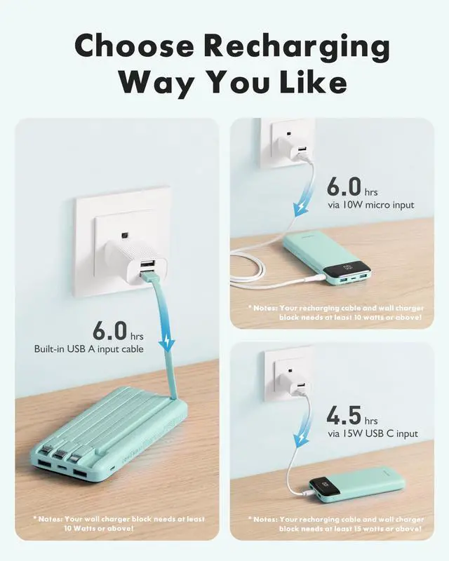 Alt view image 13 of 14 - Portable Charger with Built in Cables, Power Bank with Cords Wires, Slim 10000mAh Travel Battery Pack 6 Outputs 3 Inputs 5A Fast Charging for Samsung Google Pixel LG Moto iPhone iPad