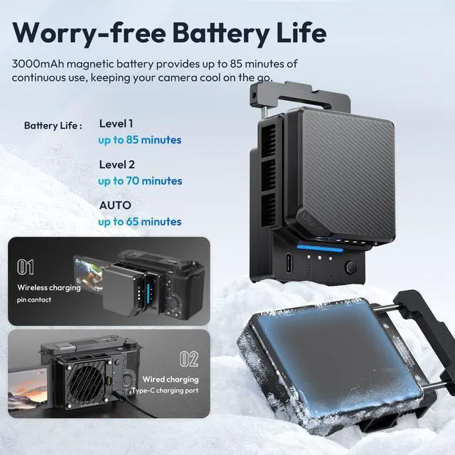 Alt view image 12 of 14 - CU01 Camera Cooler Kit for DSLR & Mirrorless, Semiconductor Cooling Fan with 3000mAh Magnetic Rechargeable Battery, 3 Speeds, Auto Temp Control Cooling for Video Recording(Battery+Cooler)