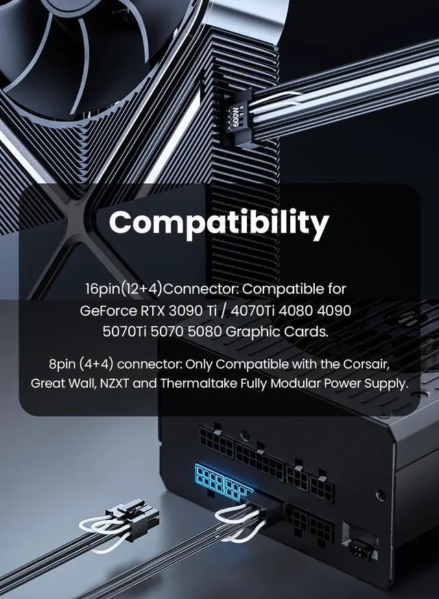 Alt view image 12 of 12 - PCIe 5.0 GPU Power Cable Sleeved 70cm | 16pin(12+4) 12VHPWR Connector for RTX 3090 Ti 4080 4090 | 3x8pin (4+4) CPU Male Plugs Only for Corsair/Great Wall/Thermaltake Modular Power Supply