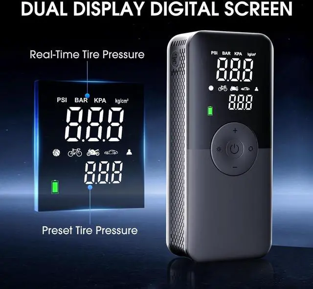 Alt view image 14 of 14 - Tire Inflator Portable Air Compressor,Car Tire Pump with Digital Dual Screen,150PSI Portable Air Pump for Car Tires with Deflation&Pressure Gauge,Suitable for Car,Motorcycles,Bicycles