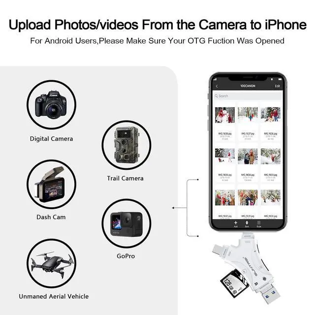 Alt view image 10 of 14 - SD Card Reader for iPhone/ipad/Android/Mac/Computer/Camera,4 in1 Micro SD Card Reader Trail Camera Viewer, Portable Memory Card Reader SD Card Adapter for SD and TF Cards(White)
