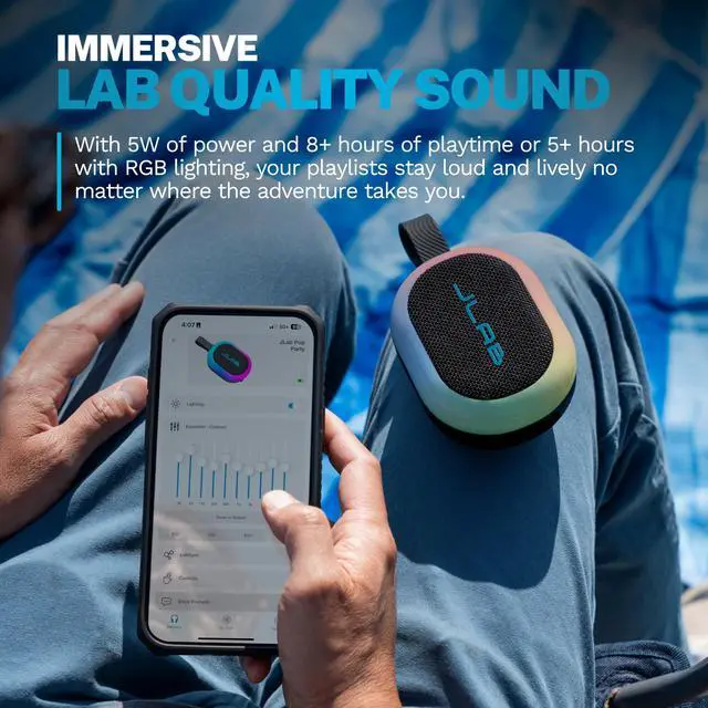 Alt view image 5 of 7 - Pop Party Portable Bluetooth Speaker, Black, 8+ Hours of Playtime, IP55 Waterproofing, Detachable Loop Handle, Customizable RGB LED Lighting, Lab Sync Up to 100 Speakers, Custom Sound in-App