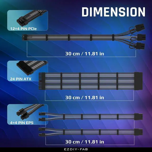 Alt view image 9 of 14 - PCIE 5.0 12VHPWR Sleeved Cable Kit, 16AWG Power Supply Cable Extension, PC PSU Sleeved Cable, 24PIN-ATX/(4+4) PIN-EPS/(12+4) PIN to 3X 8 PIN PCIE- RTX4080/4070Ti Extension Cable- Black/Grey