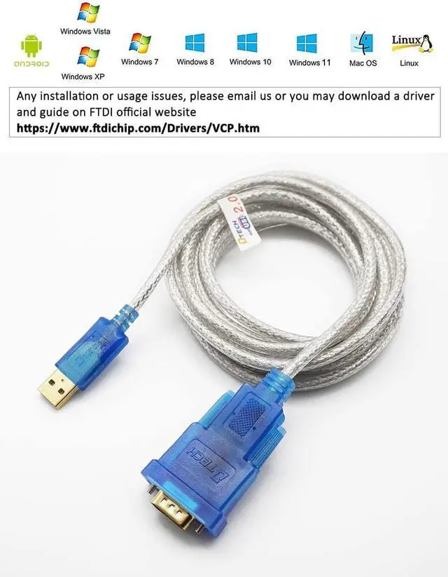 Alt view image 4 of 7 - USB to Serial Adapter Cable 16 ft DB9 Male RS232 to USB Cord with FTDI Chip Supports Windows 11 10 8 7 Mac Linux (5m)