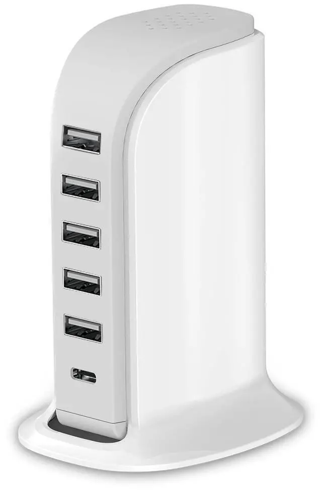 Alt view image 8 of 14 - Charging Station for Multiple Devices 40W , Wall Charger Block 5 USB Ports(Shared 6A), USB Charging Hub Smart IC, Charger Tower with Type-C 3A for iPhone iPad Tablets Smartphones, Home Office Use