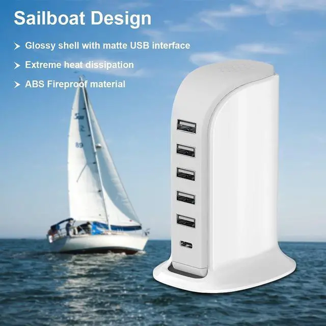 Alt view image 9 of 14 - Charging Station for Multiple Devices 40W , Wall Charger Block 5 USB Ports(Shared 6A), USB Charging Hub Smart IC, Charger Tower with Type-C 3A for iPhone iPad Tablets Smartphones, Home Office Use