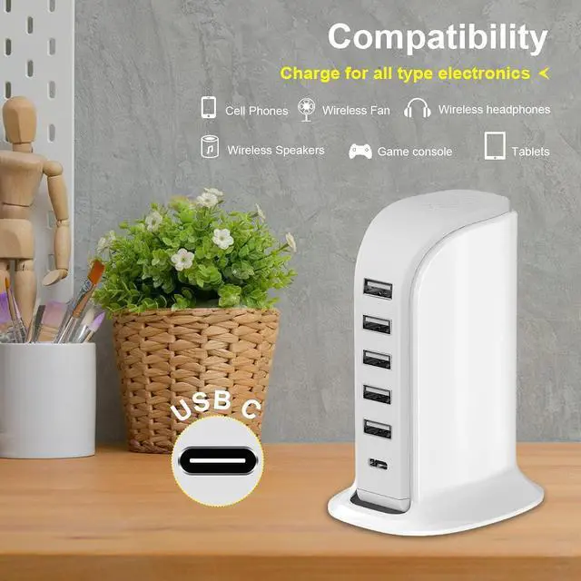 Alt view image 10 of 14 - Charging Station for Multiple Devices 40W , Wall Charger Block 5 USB Ports(Shared 6A), USB Charging Hub Smart IC, Charger Tower with Type-C 3A for iPhone iPad Tablets Smartphones, Home Office Use