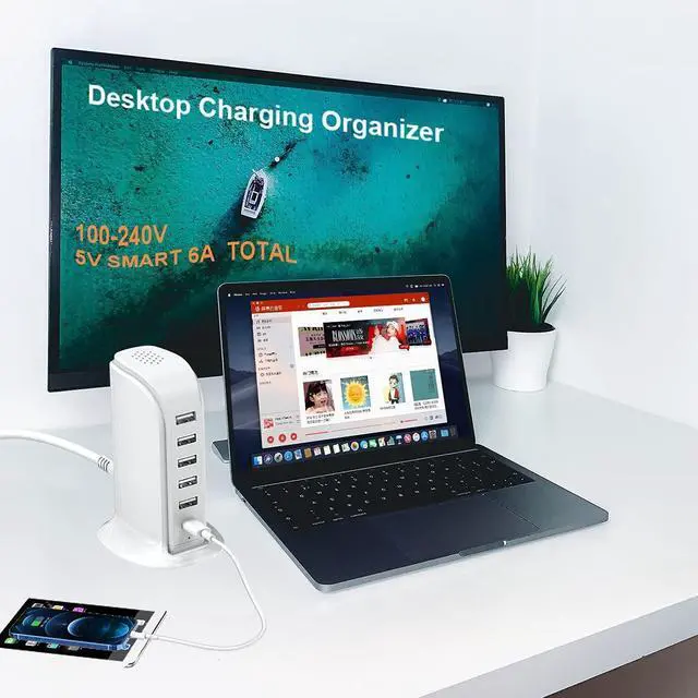 Alt view image 12 of 14 - Charging Station for Multiple Devices 40W , Wall Charger Block 5 USB Ports(Shared 6A), USB Charging Hub Smart IC, Charger Tower with Type-C 3A for iPhone iPad Tablets Smartphones, Home Office Use
