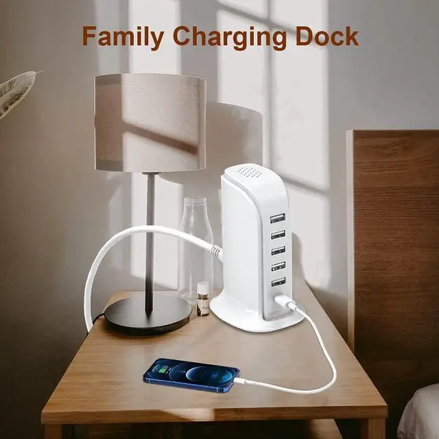 Alt view image 13 of 14 - Charging Station for Multiple Devices 40W , Wall Charger Block 5 USB Ports(Shared 6A), USB Charging Hub Smart IC, Charger Tower with Type-C 3A for iPhone iPad Tablets Smartphones, Home Office Use