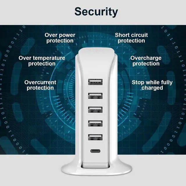 Alt view image 14 of 14 - Charging Station for Multiple Devices 40W , Wall Charger Block 5 USB Ports(Shared 6A), USB Charging Hub Smart IC, Charger Tower with Type-C 3A for iPhone iPad Tablets Smartphones, Home Office Use
