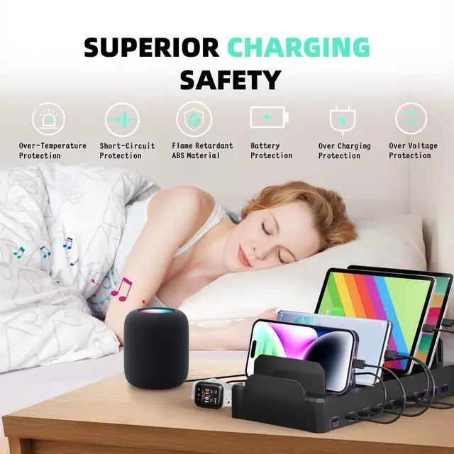 Alt view image 11 of 14 - 420W Charging Station for Multiple Devices, 10-Port USB C Fast Charger Stations for MacBook, iPhone, Android Cell Phone, iPad, Tablet, Family Multi-Device Organizer Charging Dock, Black
