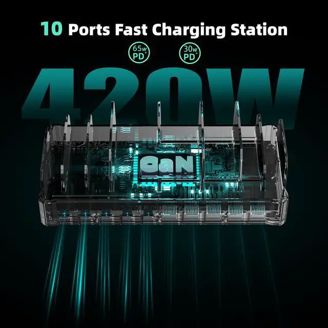 Alt view image 12 of 14 - 420W Charging Station for Multiple Devices, 10-Port USB C Fast Charger Stations for MacBook, iPhone, Android Cell Phone, iPad, Tablet, Family Multi-Device Organizer Charging Dock, Black