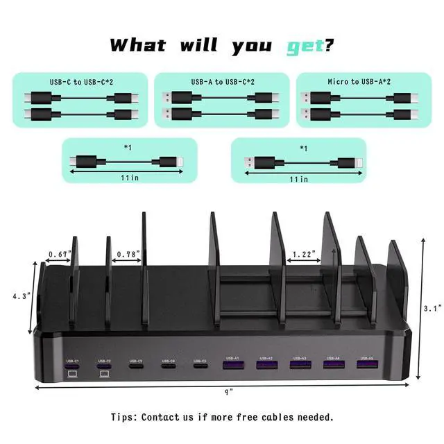 Alt view image 14 of 14 - 420W Charging Station for Multiple Devices, 10-Port USB C Fast Charger Stations for MacBook, iPhone, Android Cell Phone, iPad, Tablet, Family Multi-Device Organizer Charging Dock, Black
