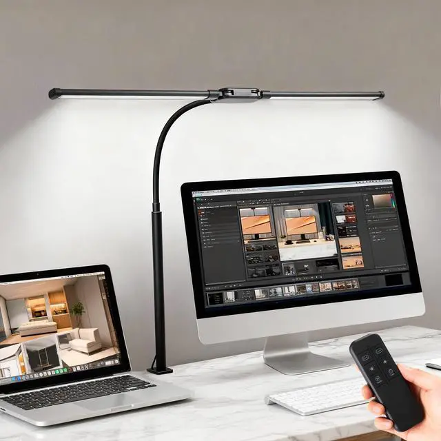 Alt view image 8 of 14 - LED Desk Lamp with Clamp, Double Head Adjustable Architect Light, Eye-Caring Monitor Desk Lamp for Home Office, Flexible Gooseneck Task Lamp with 10 Brightness Levels & 5 Color Temperature Modes Black