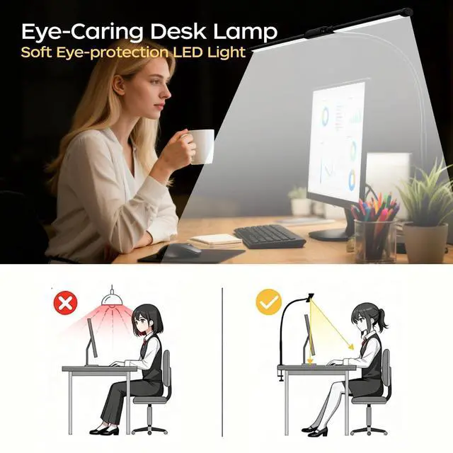 Alt view image 10 of 14 - LED Desk Lamp with Clamp, Double Head Adjustable Architect Light, Eye-Caring Monitor Desk Lamp for Home Office, Flexible Gooseneck Task Lamp with 10 Brightness Levels & 5 Color Temperature Modes Black