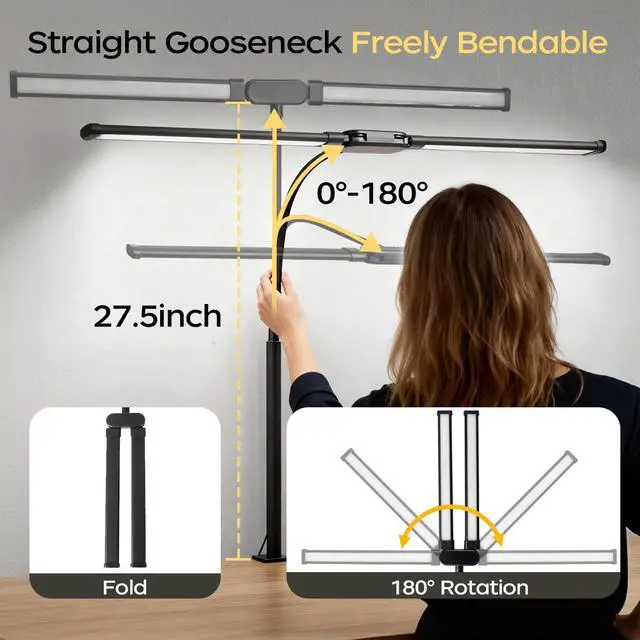 Alt view image 13 of 14 - LED Desk Lamp with Clamp, Double Head Adjustable Architect Light, Eye-Caring Monitor Desk Lamp for Home Office, Flexible Gooseneck Task Lamp with 10 Brightness Levels & 5 Color Temperature Modes Black