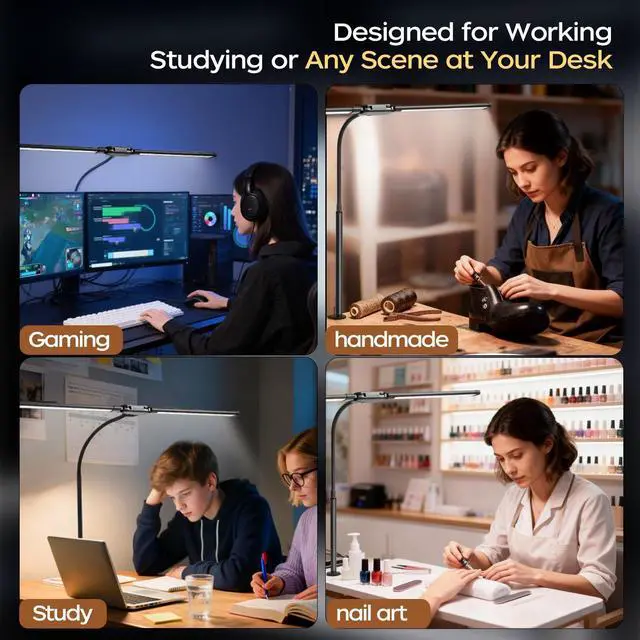 Alt view image 11 of 14 - LED Desk Lamp with Clamp, Double Head Adjustable Architect Light, Eye-Caring Monitor Desk Lamp for Home Office, Flexible Gooseneck Task Lamp with 10 Brightness Levels & 5 Color Temperature Modes Black