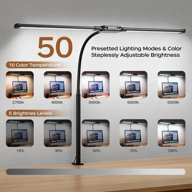 Alt view image 12 of 14 - LED Desk Lamp with Clamp, Double Head Adjustable Architect Light, Eye-Caring Monitor Desk Lamp for Home Office, Flexible Gooseneck Task Lamp with 10 Brightness Levels & 5 Color Temperature Modes Black