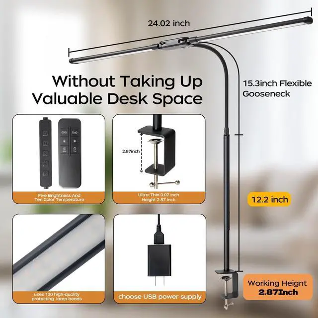 Alt view image 14 of 14 - LED Desk Lamp with Clamp, Double Head Adjustable Architect Light, Eye-Caring Monitor Desk Lamp for Home Office, Flexible Gooseneck Task Lamp with 10 Brightness Levels & 5 Color Temperature Modes Black