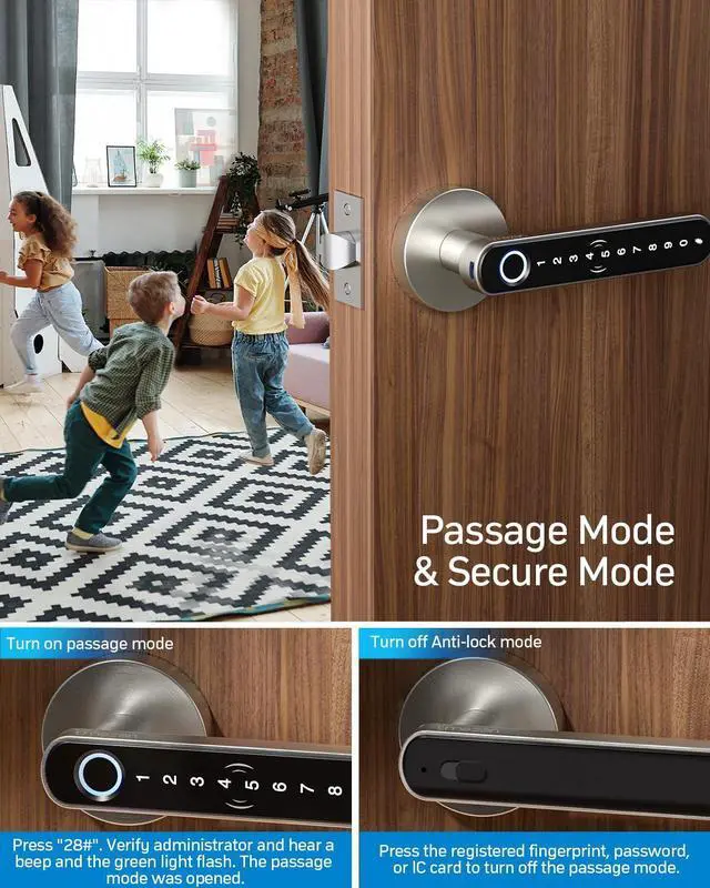 Alt view image 11 of 14 - Smart Door Lock Fingerprint, Keyless Entry Door Lock with Handle, APP/IC Cards/Codes/Keys/Fingerprints Biometric Electronic Keyless Entry Lock for Bedroom Home Hotel Office