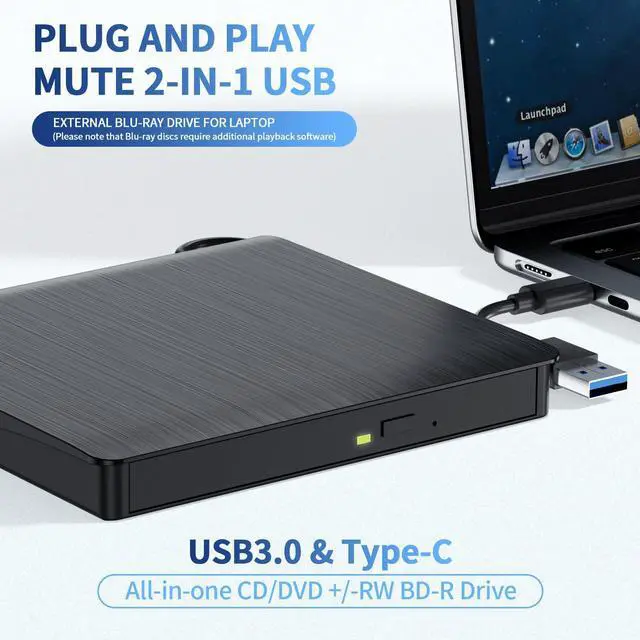 Alt view image 13 of 14 - External Blu-ray Drive, Portable Blu-ray Player & CD DVD Burner USB 3.0 & Type-C BD/DVD/CD Reader, Plug and Play, Lightweight for Windows/Mac/Linux (2 in 1)