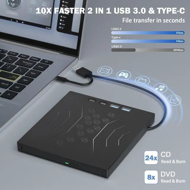 Alt view image 11 of 14 - 7 in 1 External DVD Drive, External CD/DVD Drive for Laptop USB 3.0 & Type-C, Portable CD/DVD +/-RW Disk Drive, CD/DVD Burner CD ROM External Drive for Laptop Desktop PC Windows 10/11 XP Mac Linux