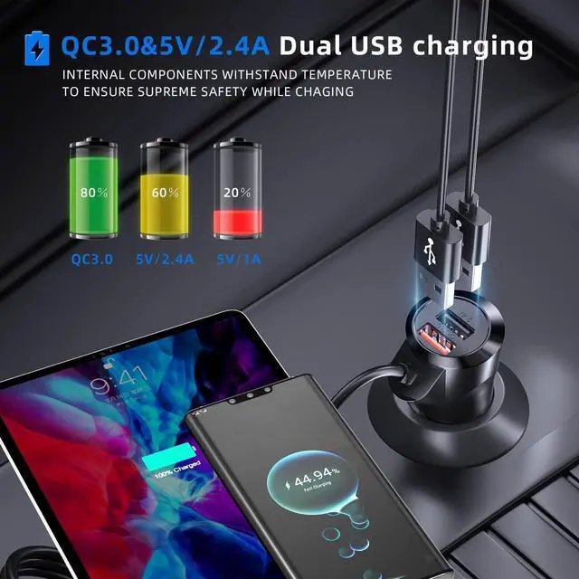 Alt view image 14 of 14 - Bluetooth Car Adapter 3 in 1 FM Transmitter Car Radio Bluetooth Transmitter with Phone Holder, QC3.0 Fast Charging, Strong Microphone, HiFi Bass Sound, Hands-Free Call (Black)