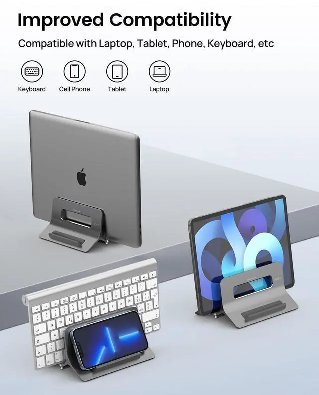 Alt view image 5 of 7 - Vertical Laptop Stand for Desk, Gravity Auto Lock MacBook Stand, Aluminum Laptop Holder Vertical Compatible with MacBook Pro, Air, Tablet, Space-Saving Organize Work & Home Office, Gray