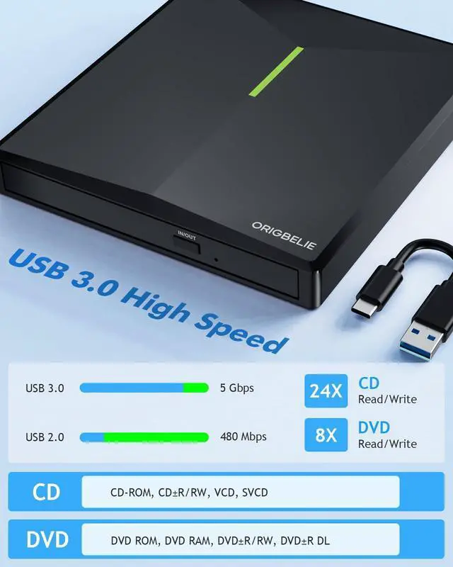 Alt view image 11 of 14 - External CD DVD Drive with 4 USB Ports and 2 TF/SD Card Slots, USB 3.0 Portable CD/DVD Disk Drive Player Burner Reader Writer for Laptop Mac PC Windows 11/10/8/7 Linux OS with Carrying Case
