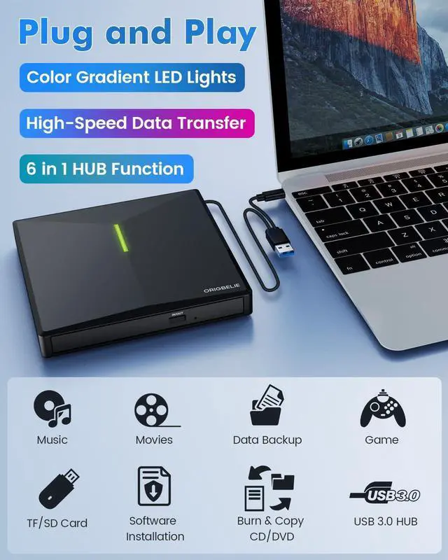 Alt view image 9 of 14 - External CD DVD Drive with 4 USB Ports and 2 TF/SD Card Slots, USB 3.0 Portable CD/DVD Disk Drive Player Burner Reader Writer for Laptop Mac PC Windows 11/10/8/7 Linux OS with Carrying Case