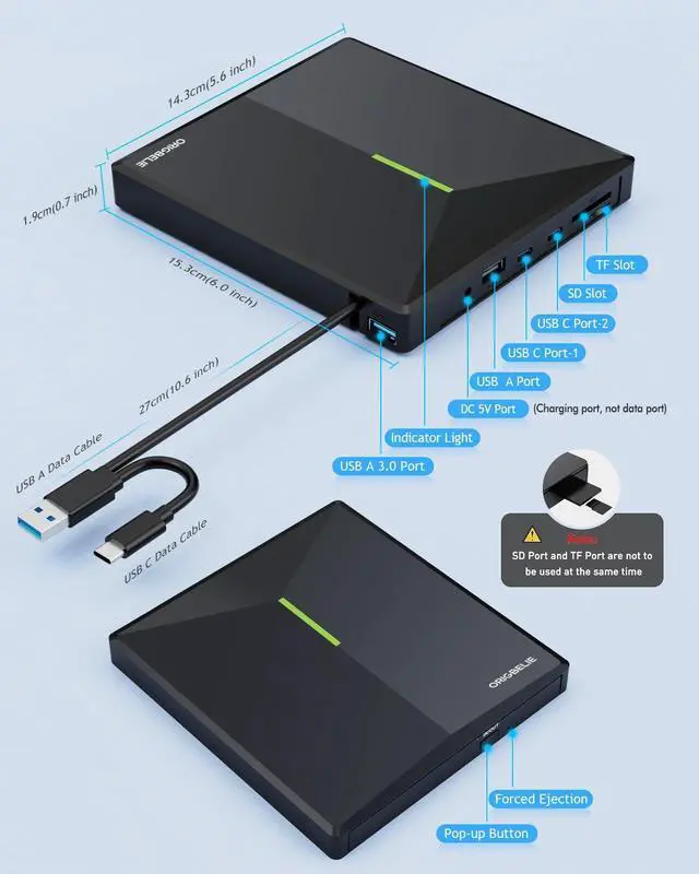 Alt view image 14 of 14 - External CD DVD Drive with 4 USB Ports and 2 TF/SD Card Slots, USB 3.0 Portable CD/DVD Disk Drive Player Burner Reader Writer for Laptop Mac PC Windows 11/10/8/7 Linux OS with Carrying Case