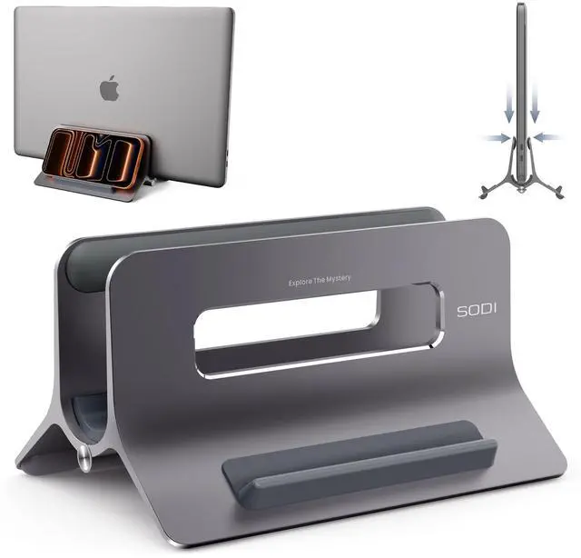 Main image of Vertical Laptop Stand for Desk, Gravity Auto Lock MacBook Stand, Aluminum Laptop Holder Vertical Compatible with MacBook Pro, Air, Tablet, Space-Saving Organize Work & Home Office, Gray