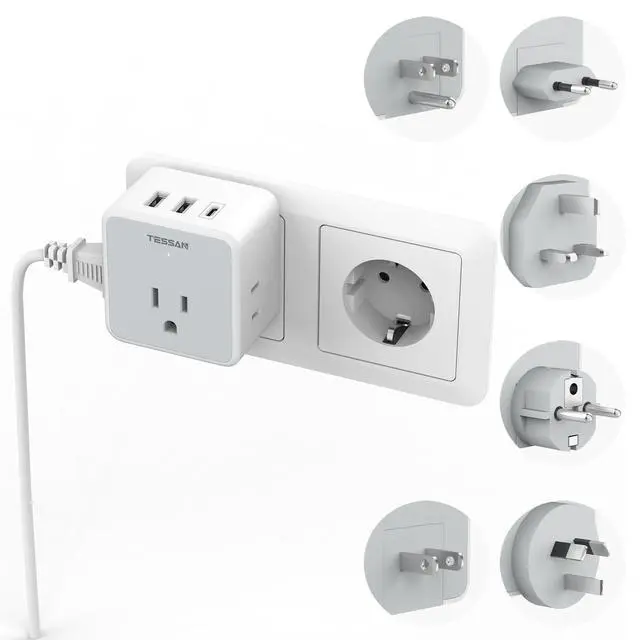 Alt view image 12 of 14 - Universal Travel Adapter Kit, 6-in-1 International Power Adapter with 3 USB (1 USB C) and 3 AC Outlets, Wordwide Adaptor Supports Type C, G, E/F, I, A, B for US EU UK Australia Japan, Grey