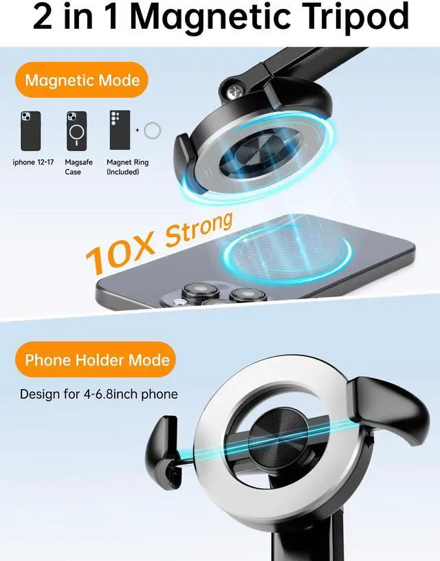 Alt view image 9 of 14 - 70" Magnetic Phone Tripod, Selfie Stick Tripod for iPhone Magsafe with Rechargeable Remote & 2 in 1 Magnetic Holder, Portable Cellphone Stand for Recording Travel, Compatible with iPhone and Android